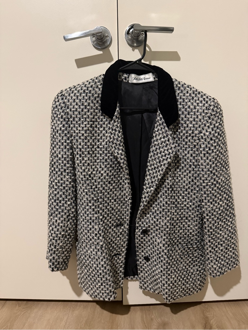 Saks Fifth Avenue Black and White Tweed Blazer with Velvet Collar